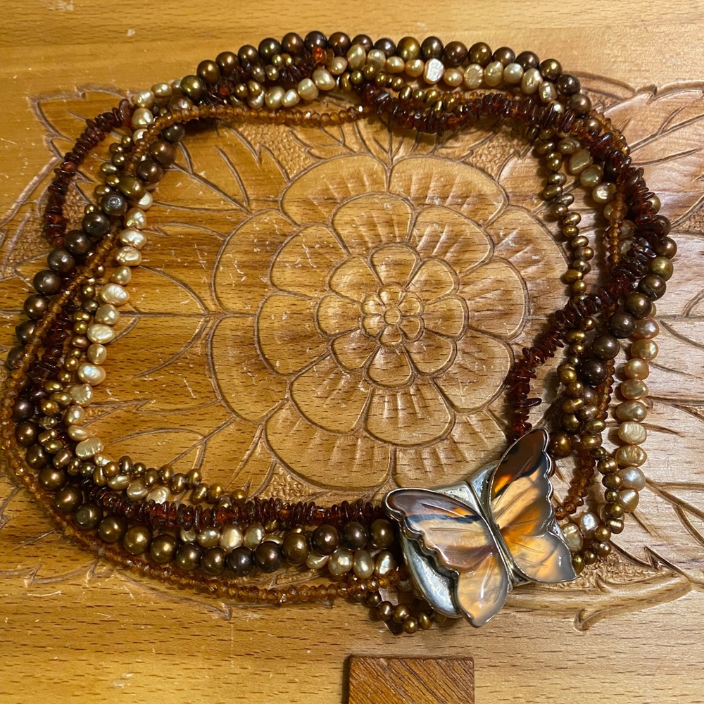 AKR Agate Butterfly sterling Necklace in Brown and Gold
